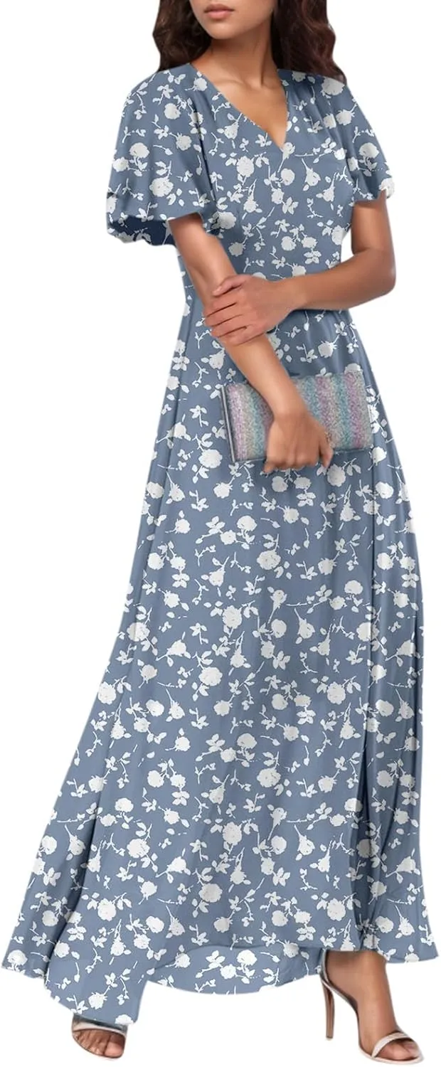 4Th of July Maxi Dresses for Women 2025 Summer Chiffon Ruffle Flowy Swing A Line Dress Short Sleeve Floral Frocks