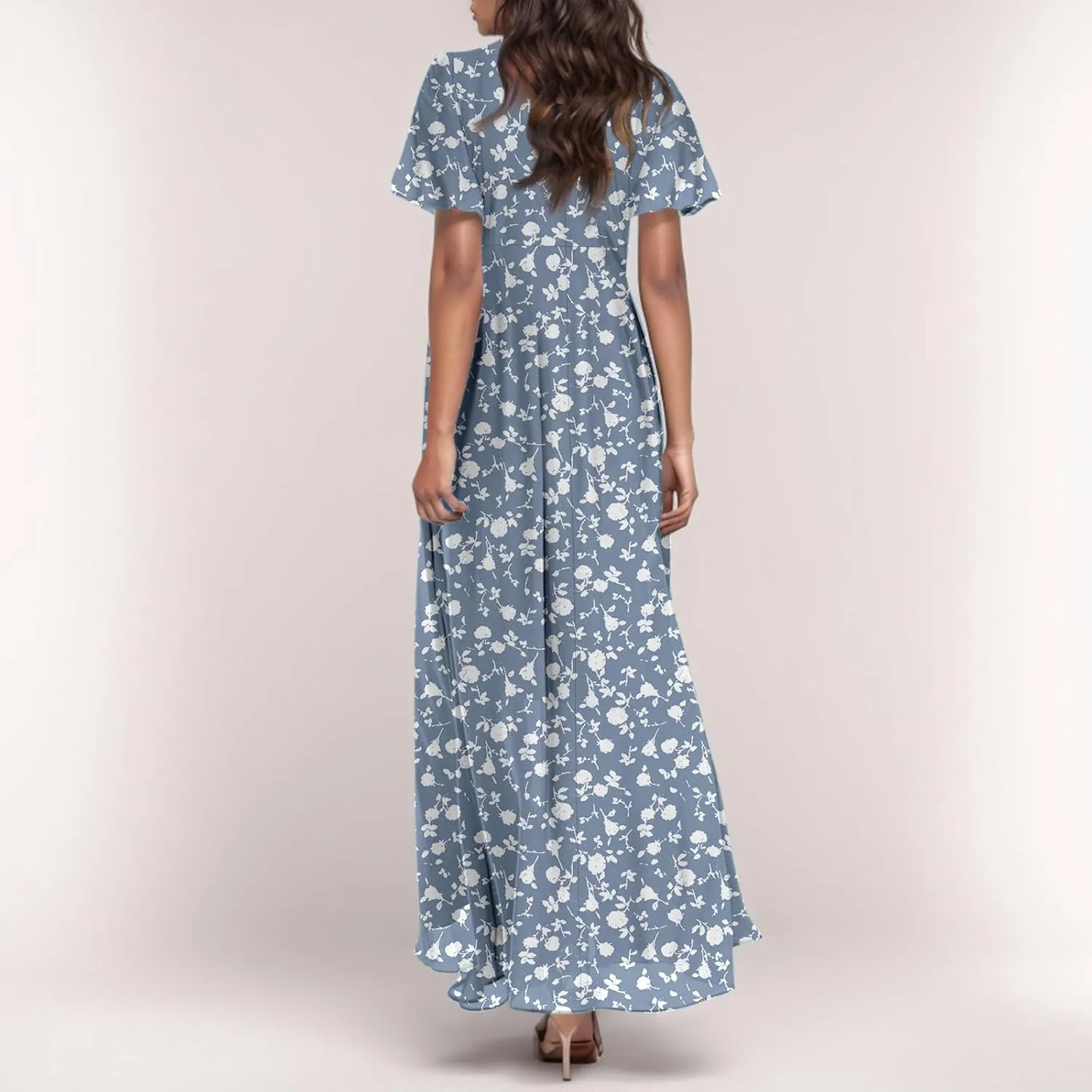 4Th of July Maxi Dresses for Women 2025 Summer Chiffon Ruffle Flowy Swing A Line Dress Short Sleeve Floral Frocks
