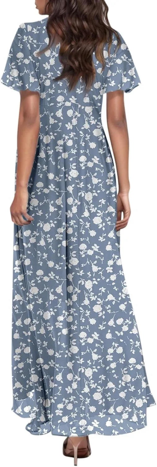 4Th of July Maxi Dresses for Women 2025 Summer Chiffon Ruffle Flowy Swing A Line Dress Short Sleeve Floral Frocks