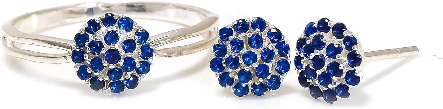 925 Sterling Silver Blue Sapphire Gemstone Ring Earring Jewelry Set | Stackable Stacking Flower Rings for Woman | Stacked Stud Earrings for Woman