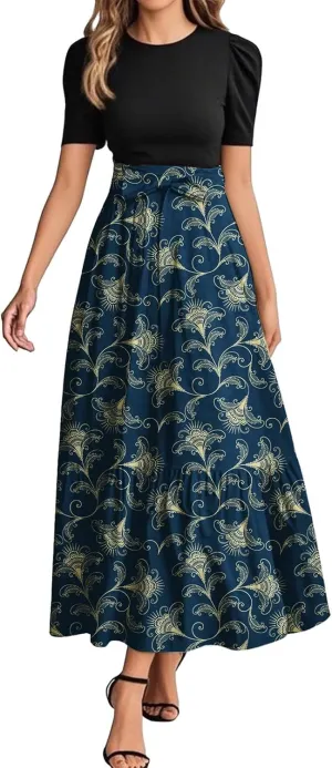 ADHOWBEW Dresses for Women 2025 Beach Casual Plus Size Trendy Flower O Neck Sexy Elegant Empire Waist Short Sleeve Dresses