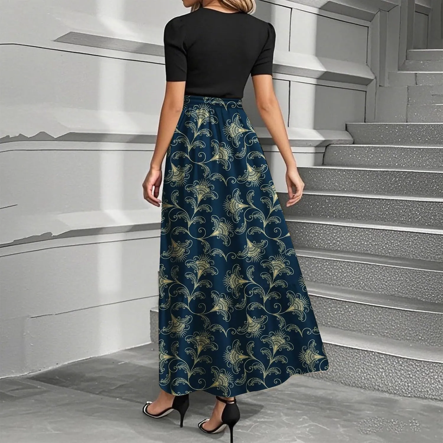 ADHOWBEW Dresses for Women 2025 Beach Casual Plus Size Trendy Flower O Neck Sexy Elegant Empire Waist Short Sleeve Dresses