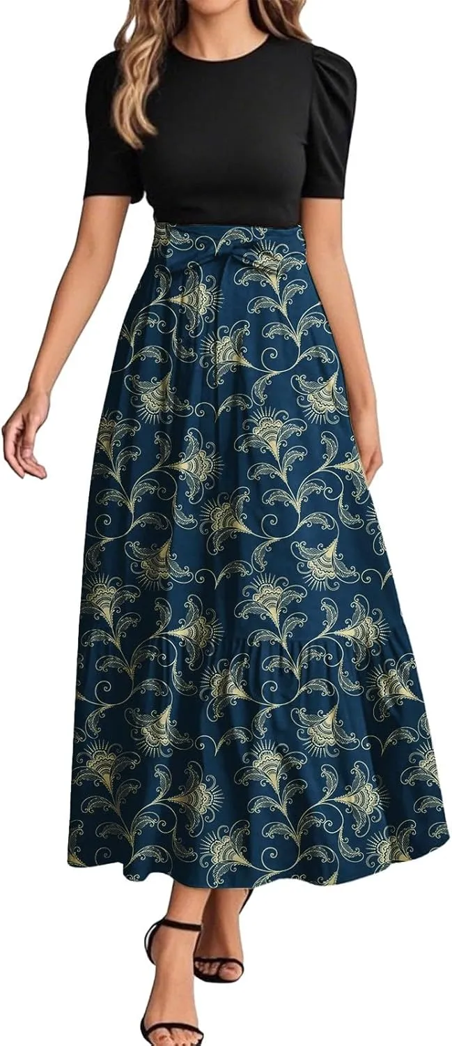 ADHOWBEW Dresses for Women 2025 Beach Casual Plus Size Trendy Flower O Neck Sexy Elegant Empire Waist Short Sleeve Dresses