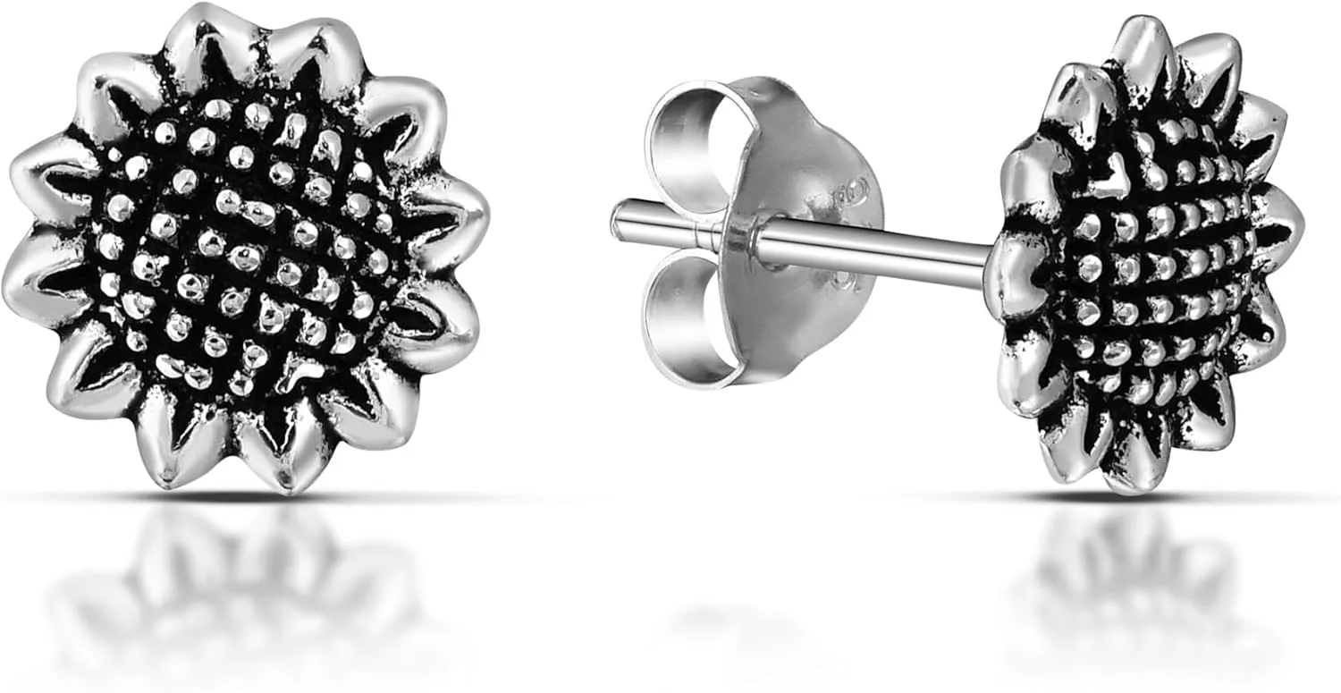 AeraVida Nature's Charm Sunflower .925 Sterling Silver Stud Floral Earrings | Sunflower Earrings for Women | Floral Jewelry