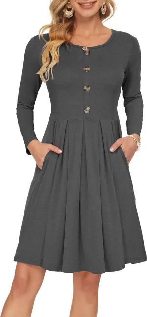 AUSELILY Women's Long Sleeve Dress Button Front Winter Pleated Solid Color Ruffle A Line Knee Length Dresses 2025 New