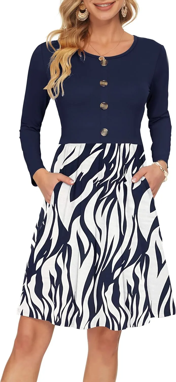 AUSELILY Women's Long Sleeve Dress Button Front Winter Pleated Solid Color Ruffle A Line Knee Length Dresses 2025 New