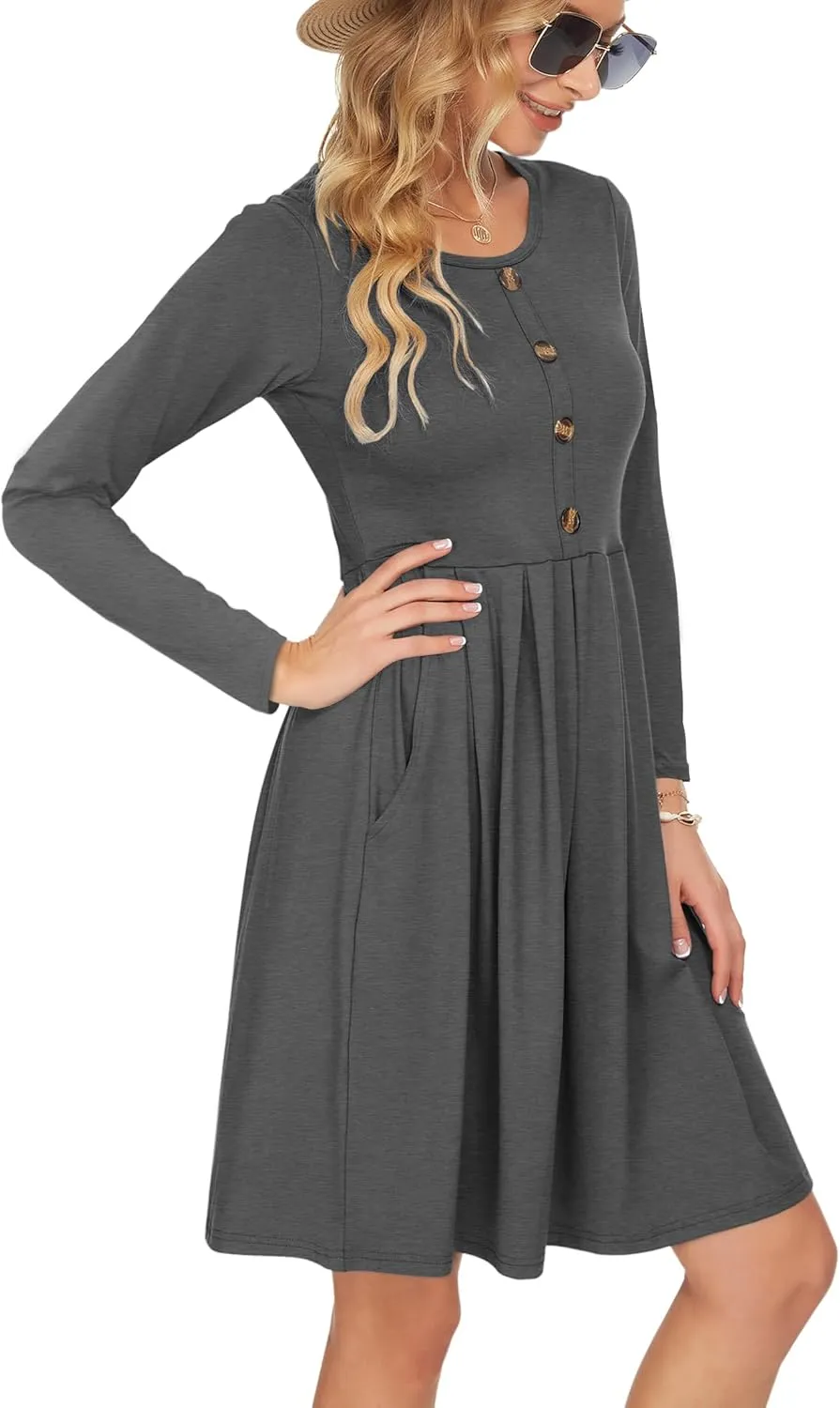 AUSELILY Women's Long Sleeve Dress Button Front Winter Pleated Solid Color Ruffle A Line Knee Length Dresses 2025 New