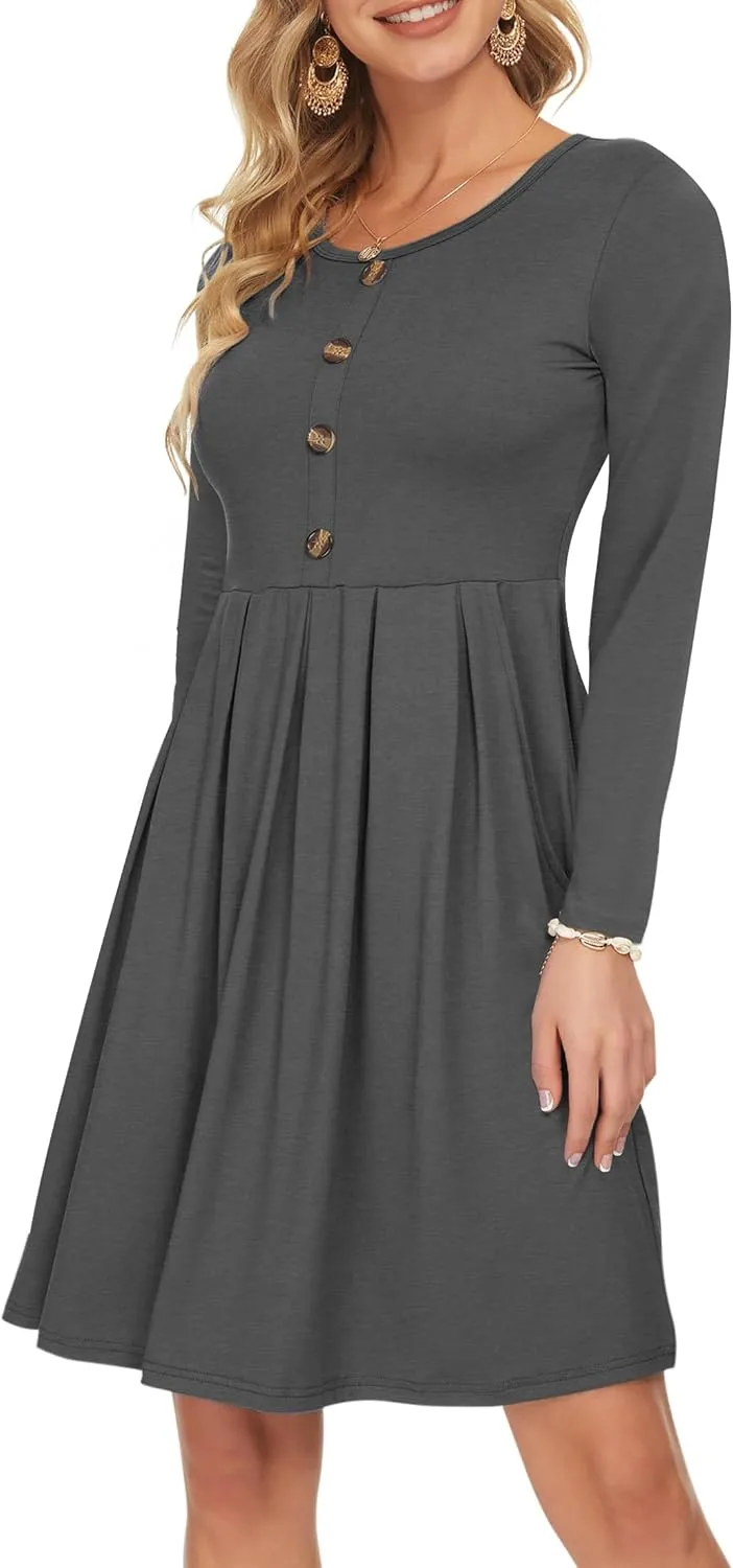 AUSELILY Women's Long Sleeve Dress Button Front Winter Pleated Solid Color Ruffle A Line Knee Length Dresses 2025 New