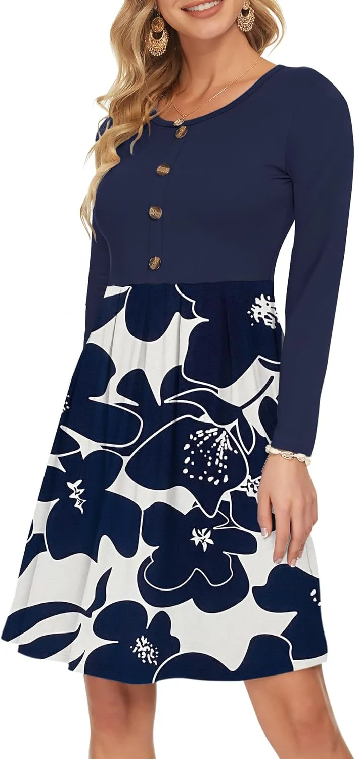 AUSELILY Women's Long Sleeve Dress Button Front Winter Pleated Solid Color Ruffle A Line Knee Length Dresses 2025 New