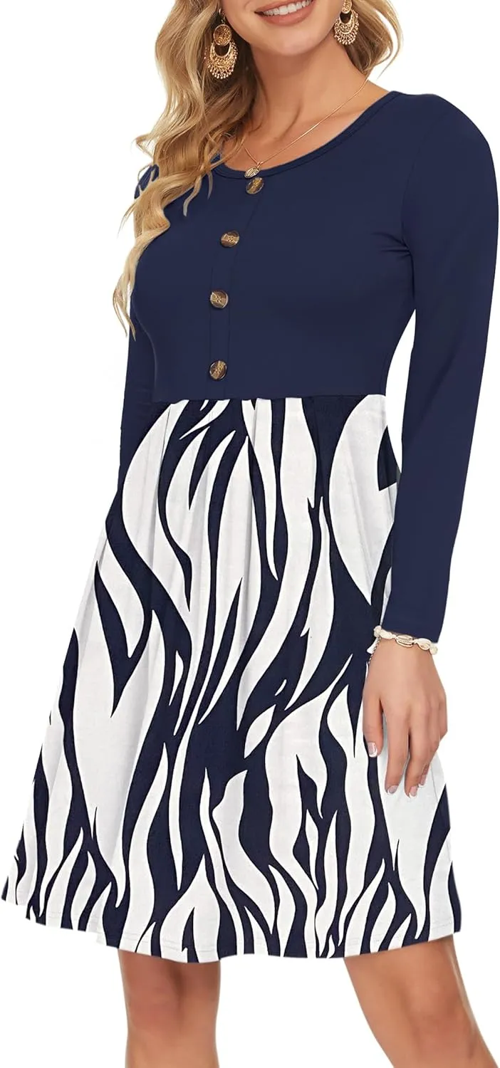 AUSELILY Women's Long Sleeve Dress Button Front Winter Pleated Solid Color Ruffle A Line Knee Length Dresses 2025 New