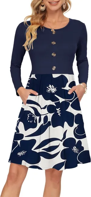 AUSELILY Women's Long Sleeve Dress Button Front Winter Pleated Solid Color Ruffle A Line Knee Length Dresses 2025 New