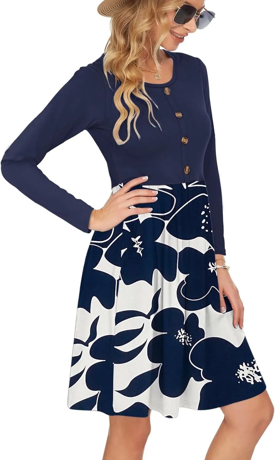 AUSELILY Women's Long Sleeve Dress Button Front Winter Pleated Solid Color Ruffle A Line Knee Length Dresses 2025 New