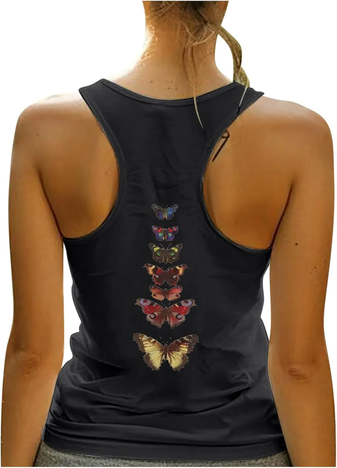 Back Print Tank Top for Women Vintage Butterfly Graphic Racerback Tank Tops Summer Casual Classic-Fit Sleeveless T Shirt Cami