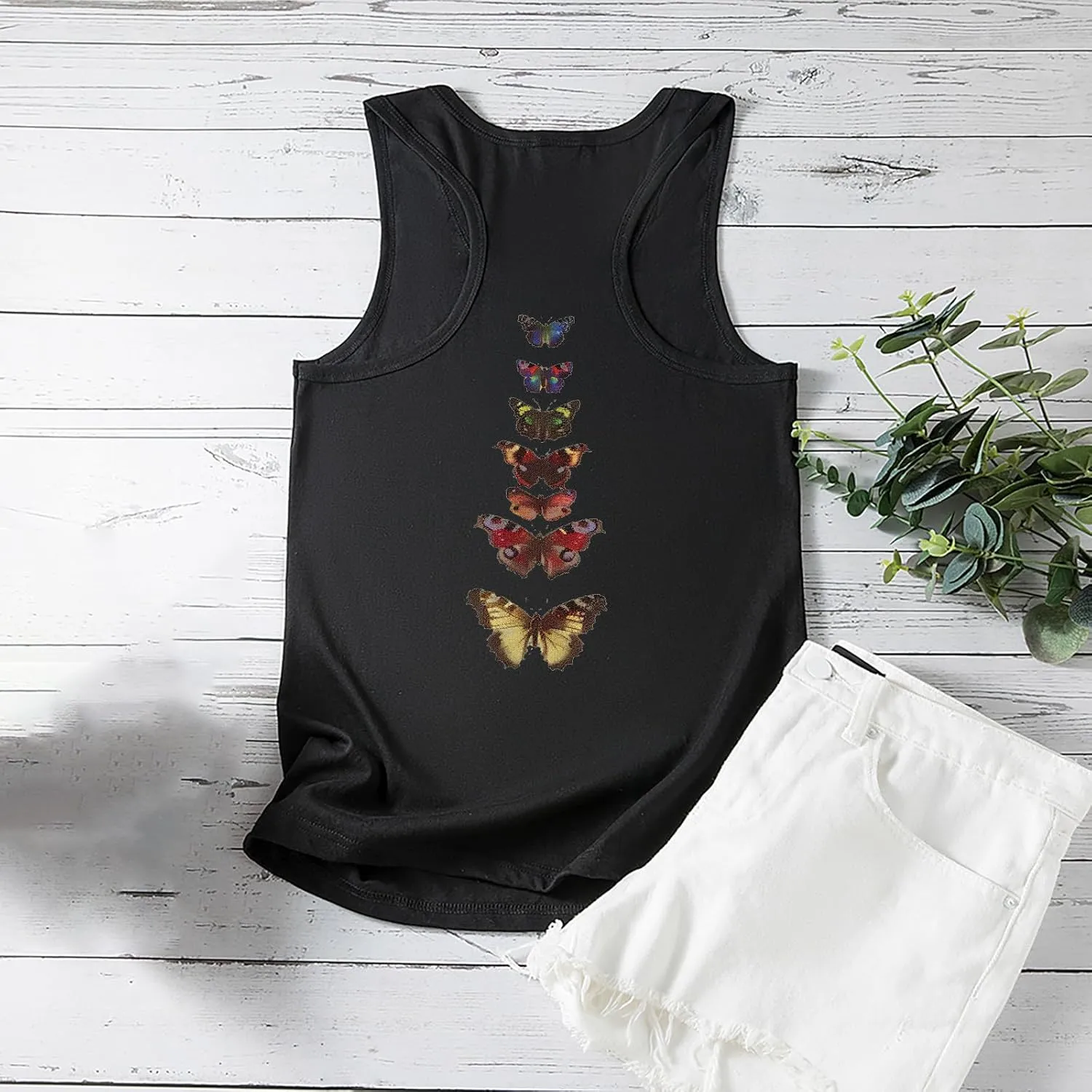 Back Print Tank Top for Women Vintage Butterfly Graphic Racerback Tank Tops Summer Casual Classic-Fit Sleeveless T Shirt Cami