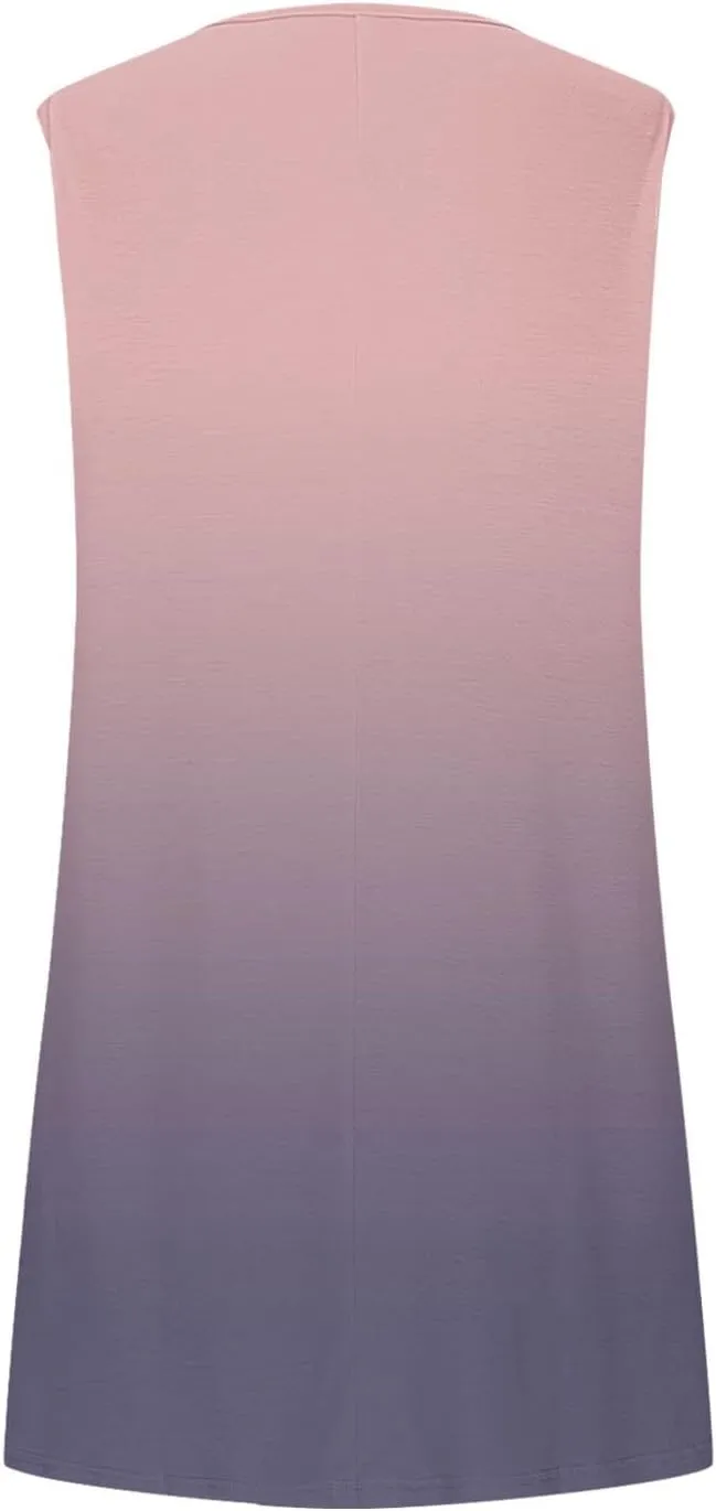Beach Dress for Women Casual Sleeveless Gradient Color Sundress Loose Fit Round Neck Pleated Vacation Dresses