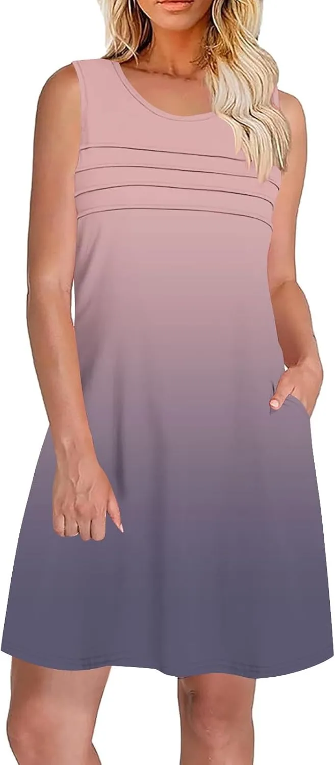 Beach Dress for Women Casual Sleeveless Gradient Color Sundress Loose Fit Round Neck Pleated Vacation Dresses