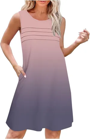 Beach Dress for Women Casual Sleeveless Gradient Color Sundress Loose Fit Round Neck Pleated Vacation Dresses