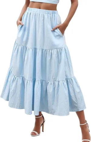 Beach Skirts for Women High Waisted Elastic Waist Bohemian Maxi Length Skirt with Tiered Ruffles and Side Pockets