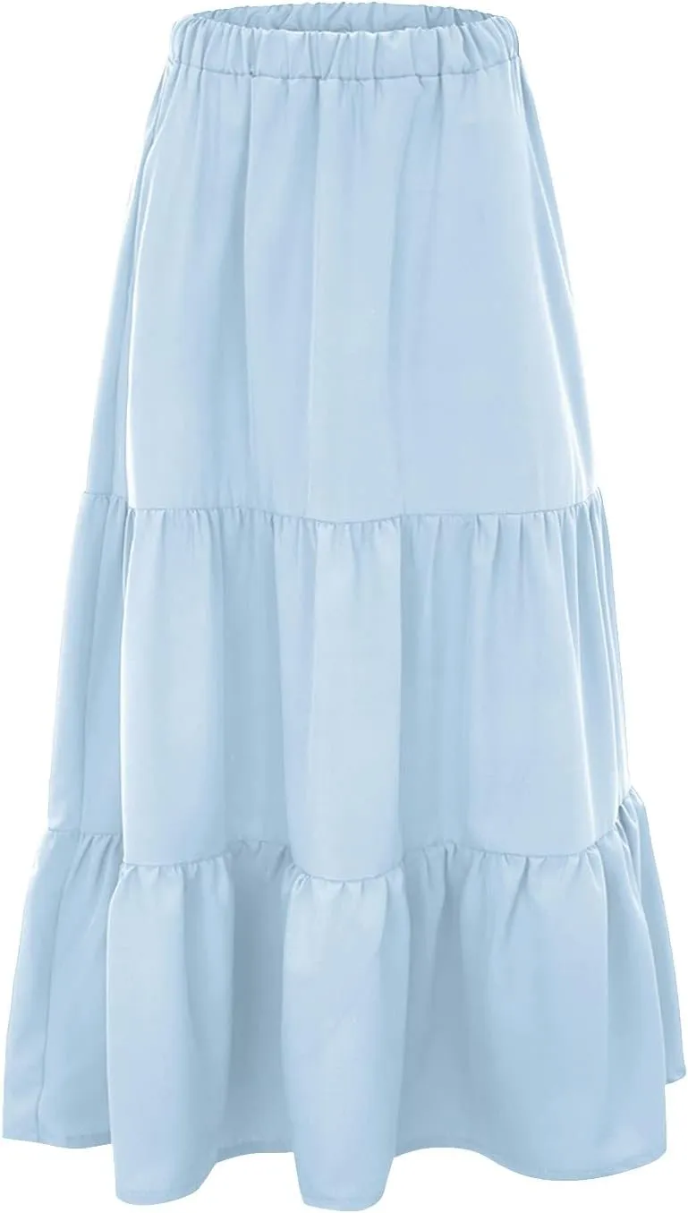 Beach Skirts for Women High Waisted Elastic Waist Bohemian Maxi Length Skirt with Tiered Ruffles and Side Pockets
