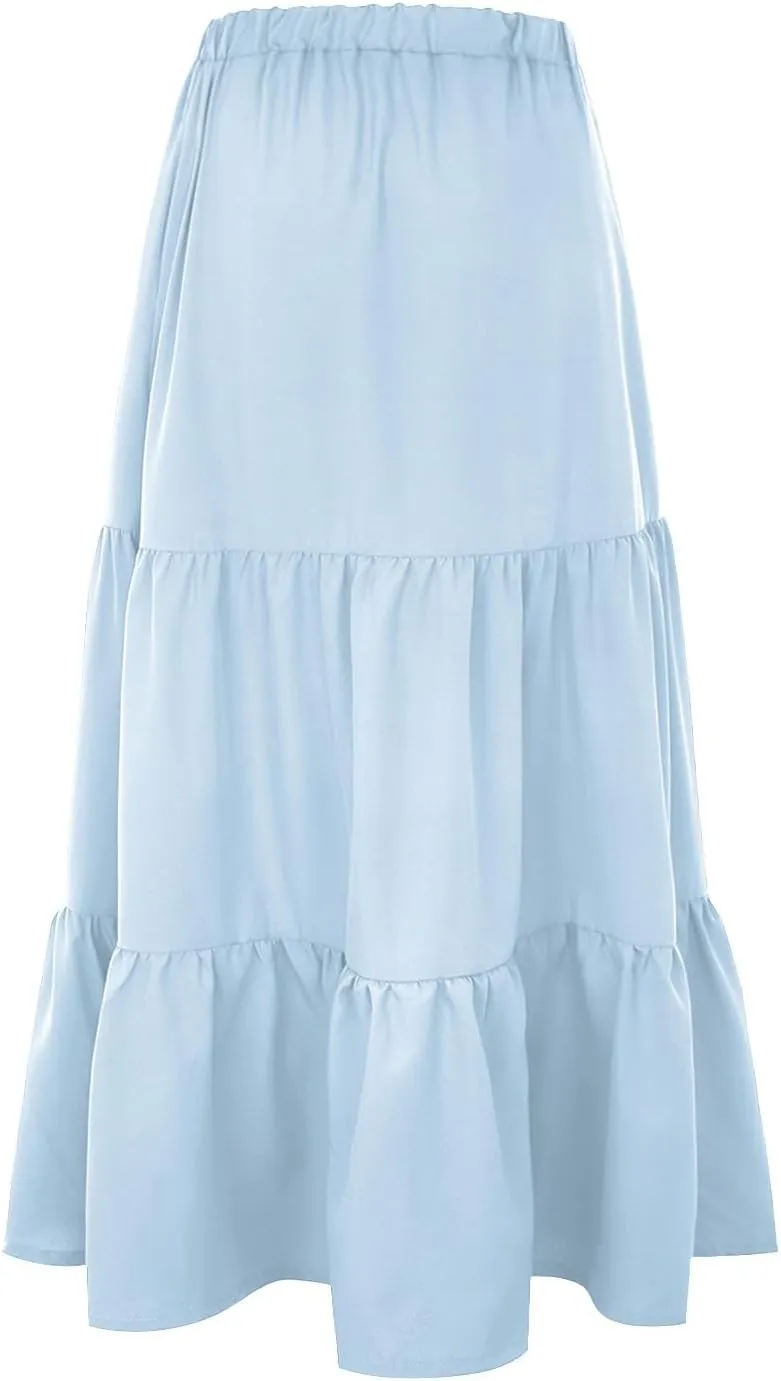 Beach Skirts for Women High Waisted Elastic Waist Bohemian Maxi Length Skirt with Tiered Ruffles and Side Pockets
