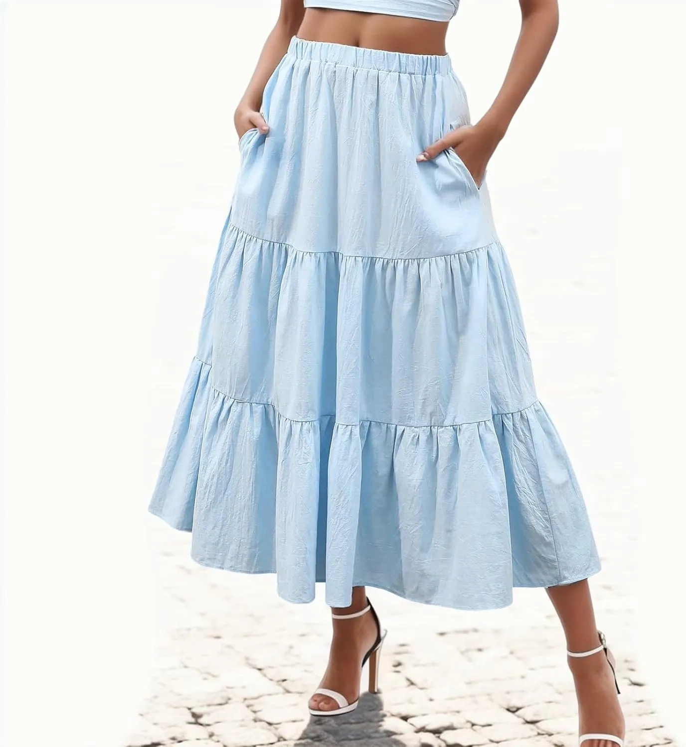 Beach Skirts for Women High Waisted Elastic Waist Bohemian Maxi Length Skirt with Tiered Ruffles and Side Pockets