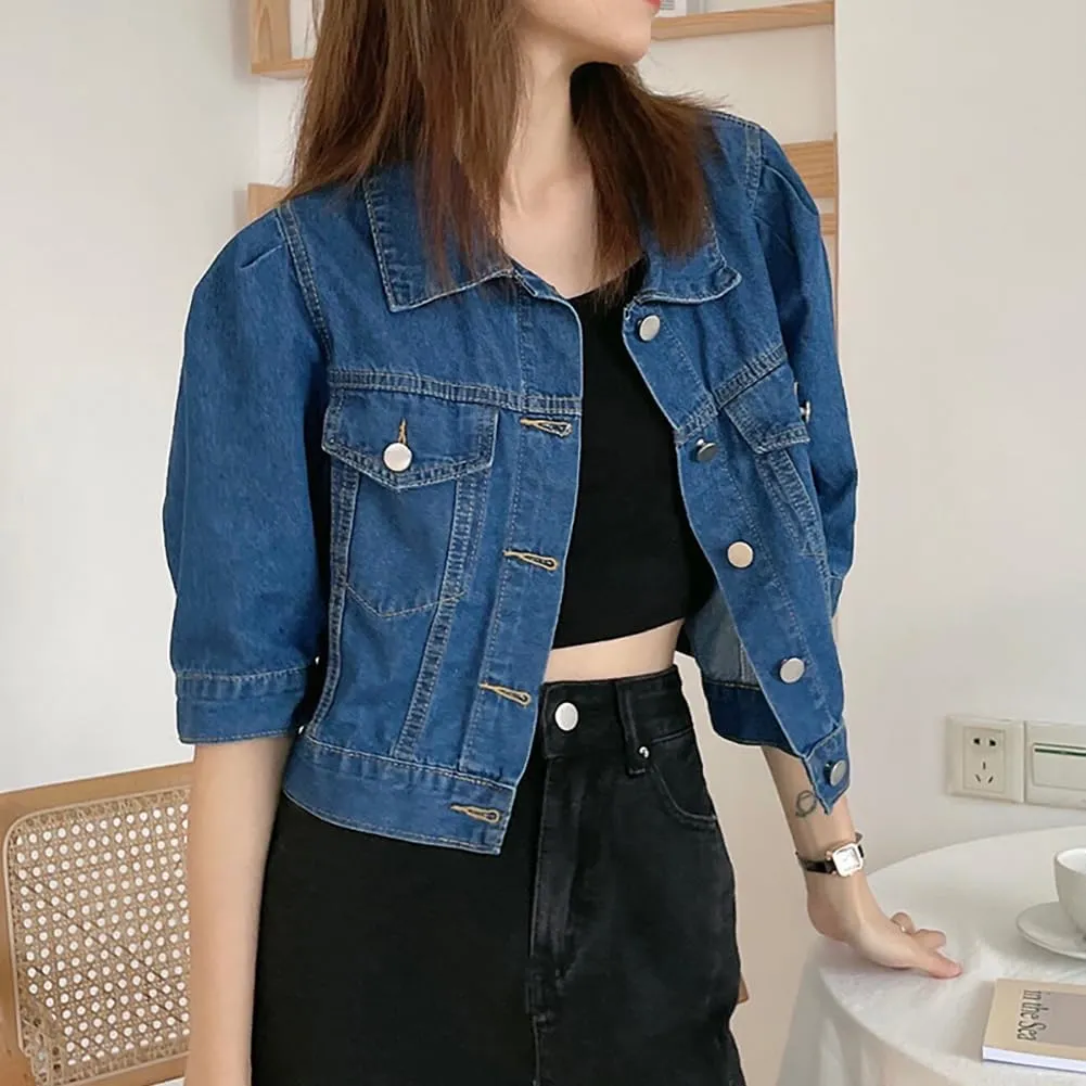 BIKMAN Women's Short Sleeve Denim Jacket Cropped Puff Sleeve Classic Jean Coat