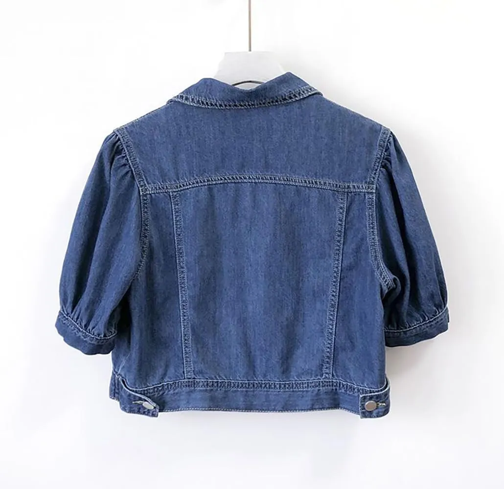 BIKMAN Women's Short Sleeve Denim Jacket Cropped Puff Sleeve Classic Jean Coat