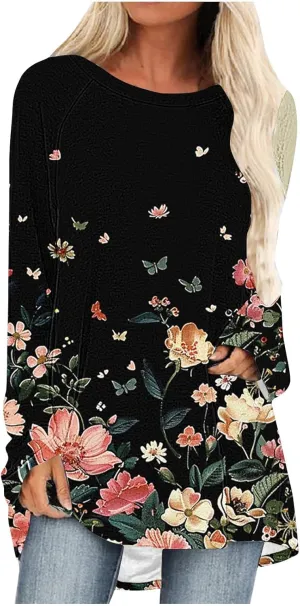 Blouses for Women Dressy 2025 Tunic Tops Long Sleeve Floral T-Shirts Boho Tees Loose Pullover Causal Trendy Outfits
