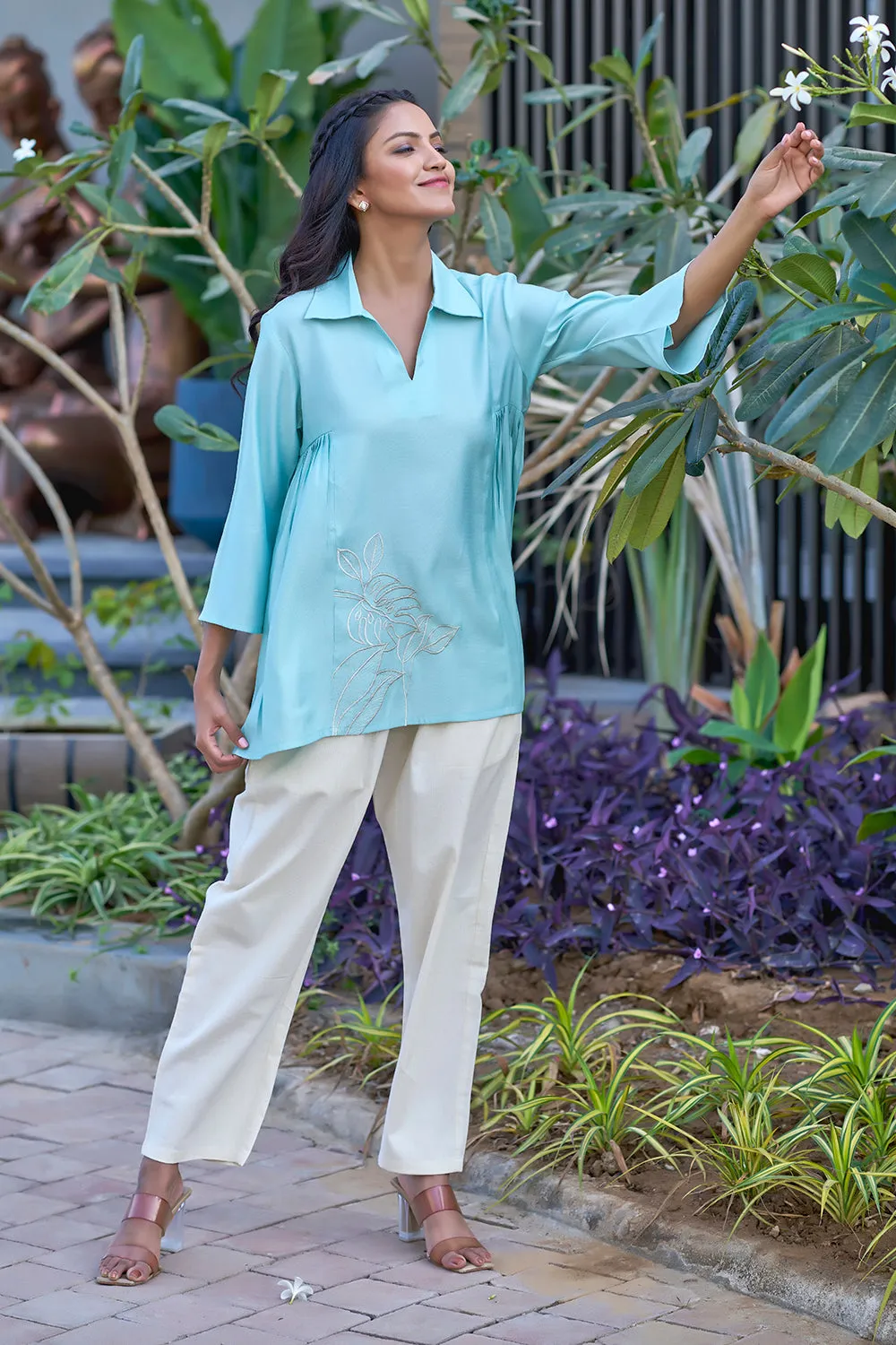 Blue And White Soft Summer Co-ords For Women With Embroidery