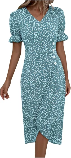Boho Dresses for Women 2024 Summer Floral Print V Neck Maxi Wrap Dress Hawaiian Beach Tropical Flowy Dress