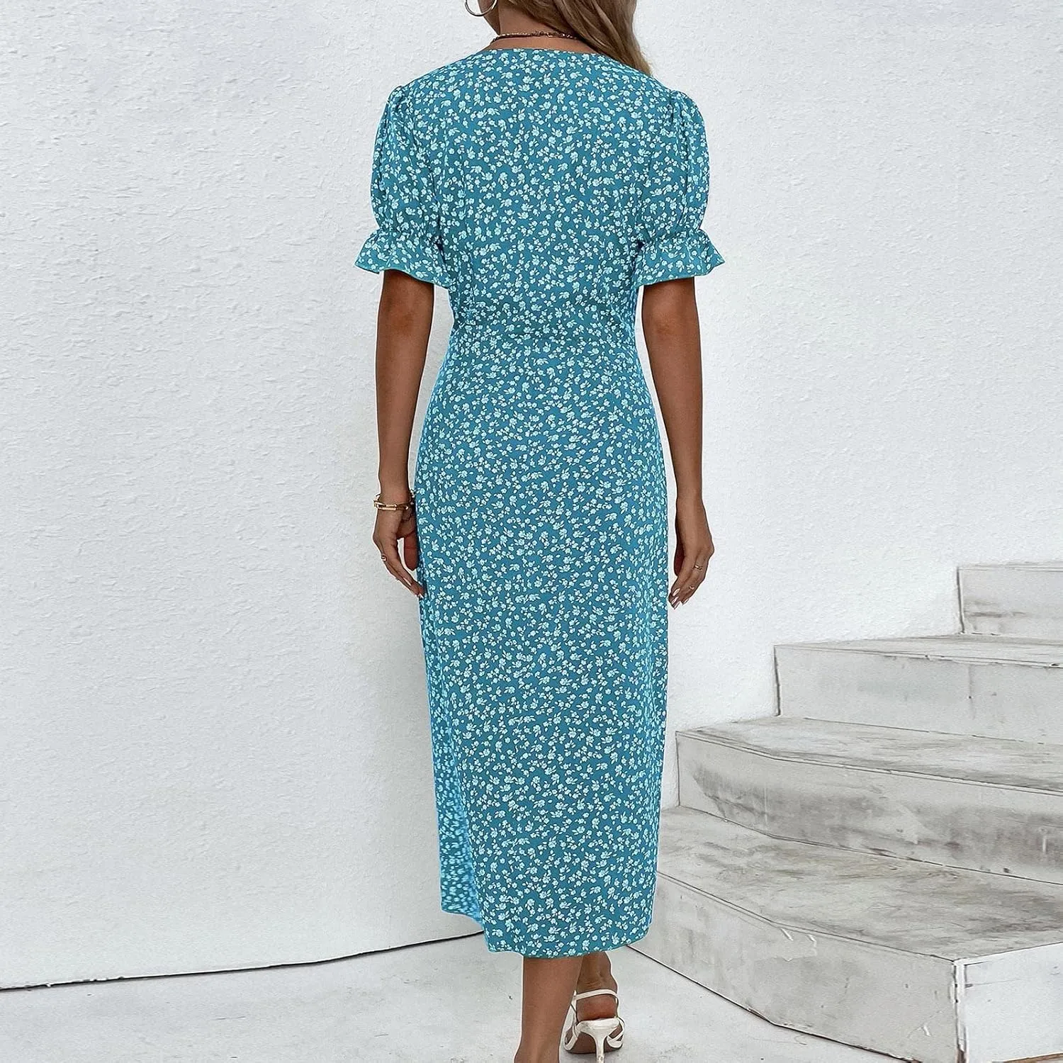 Boho Dresses for Women 2024 Summer Floral Print V Neck Maxi Wrap Dress Hawaiian Beach Tropical Flowy Dress