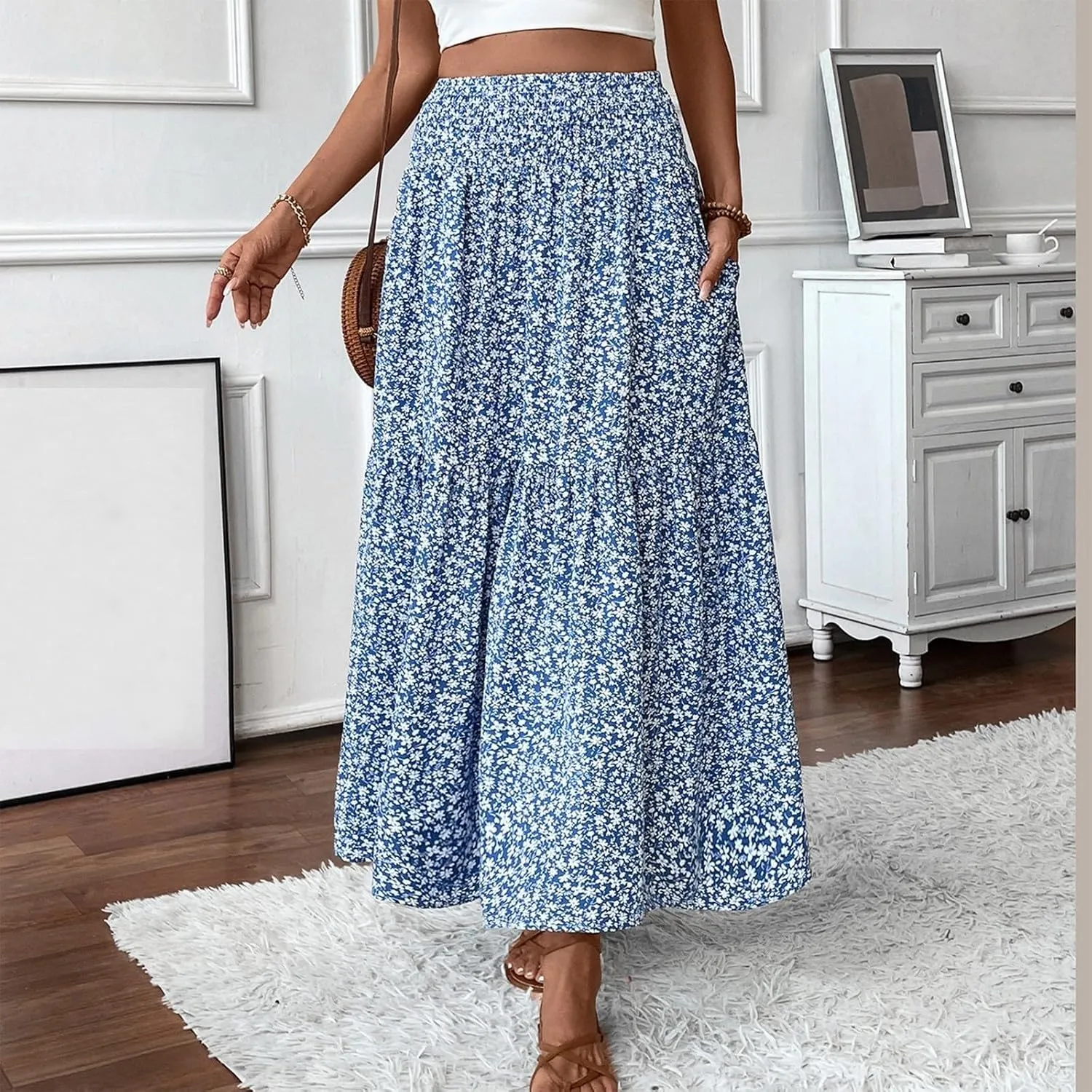 Boho Floral Maxi Skirts Women Elastic High Waist Tiered Pleated Flowy Long Summer Casual Beach Skirt