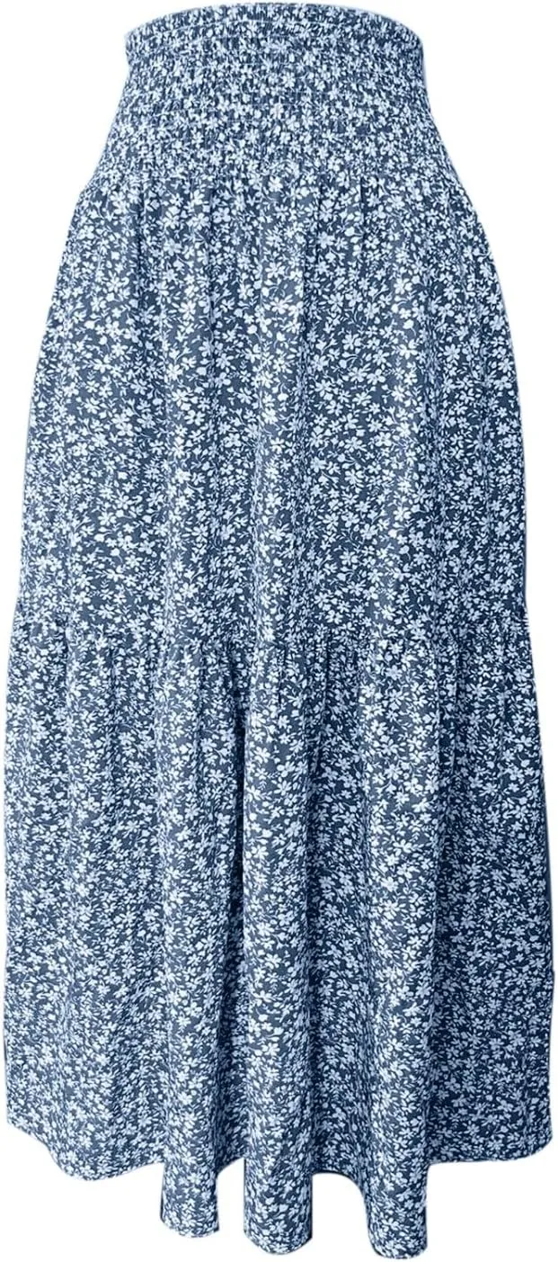 Boho Floral Maxi Skirts Women Elastic High Waist Tiered Pleated Flowy Long Summer Casual Beach Skirt