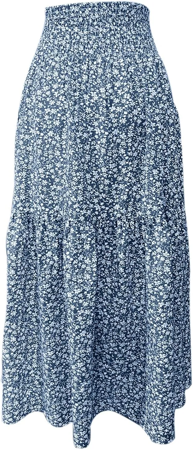 Boho Floral Maxi Skirts Women Elastic High Waist Tiered Pleated Flowy Long Summer Casual Beach Skirt