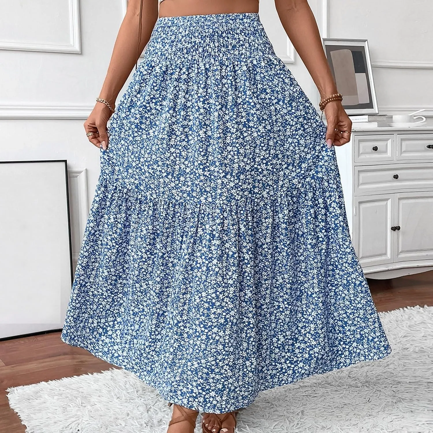 Boho Floral Maxi Skirts Women Elastic High Waist Tiered Pleated Flowy Long Summer Casual Beach Skirt