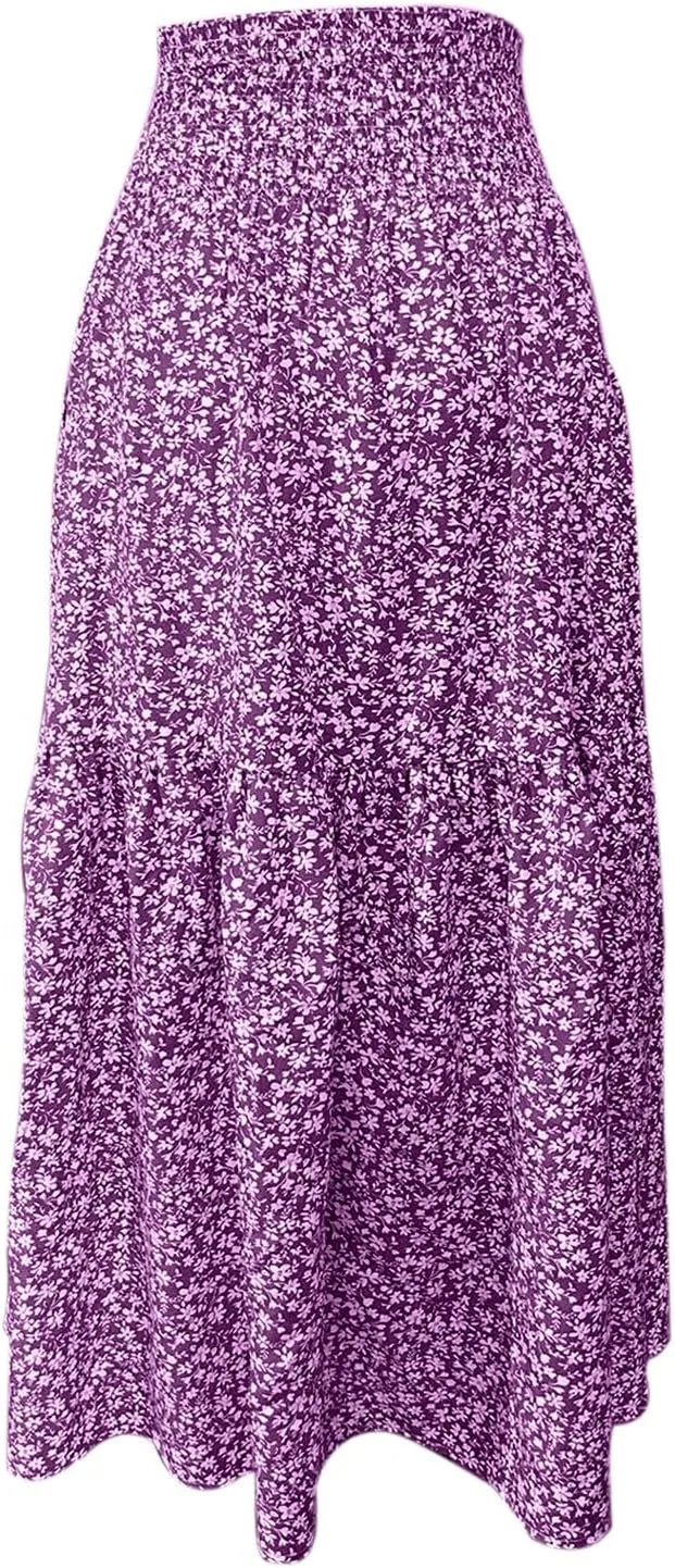 Boho Floral Summer Maxi Skirt Women Elastic High Waist Tiered Pleated Flowy Long Casual Beach Skirt