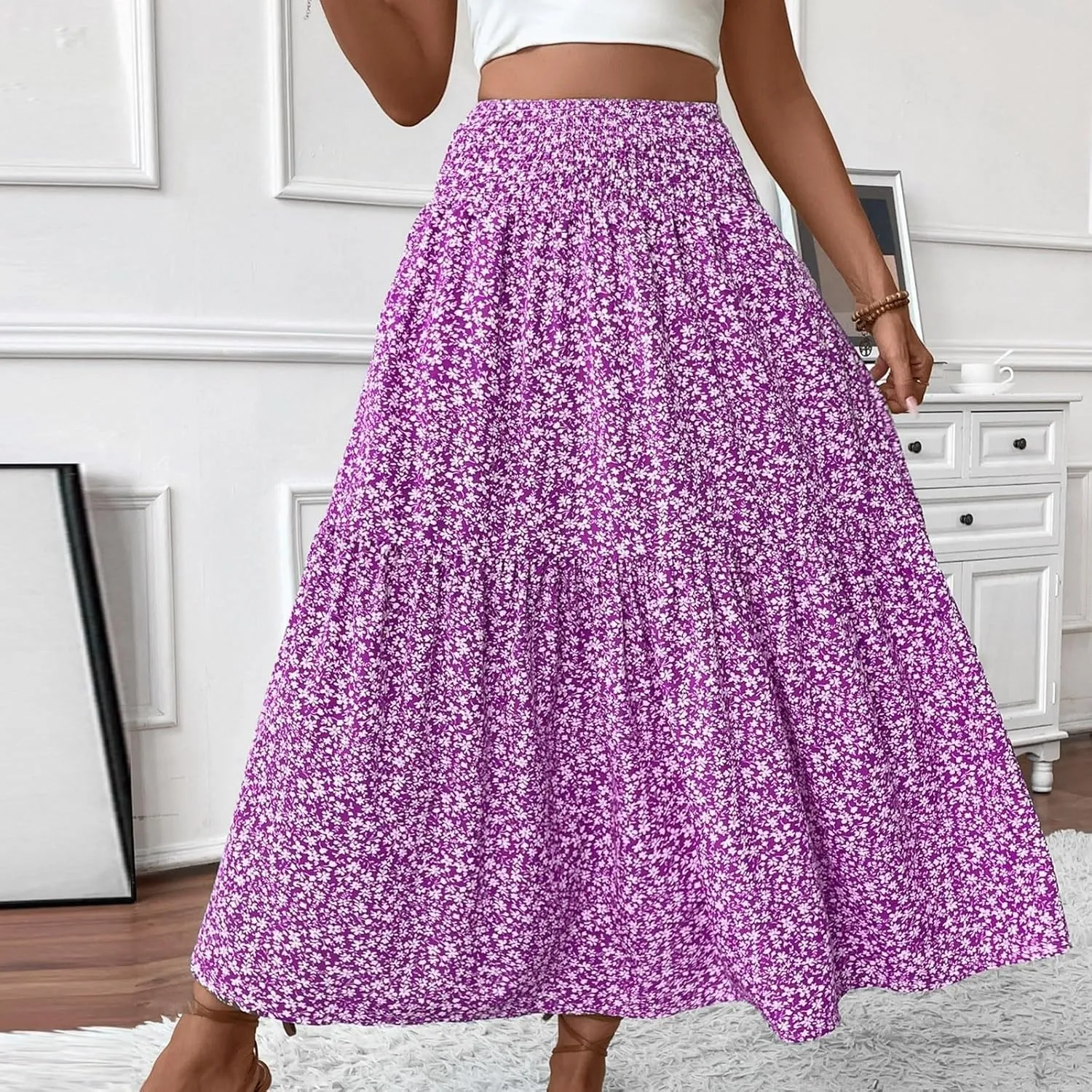 Boho Floral Summer Maxi Skirt Women Elastic High Waist Tiered Pleated Flowy Long Casual Beach Skirt