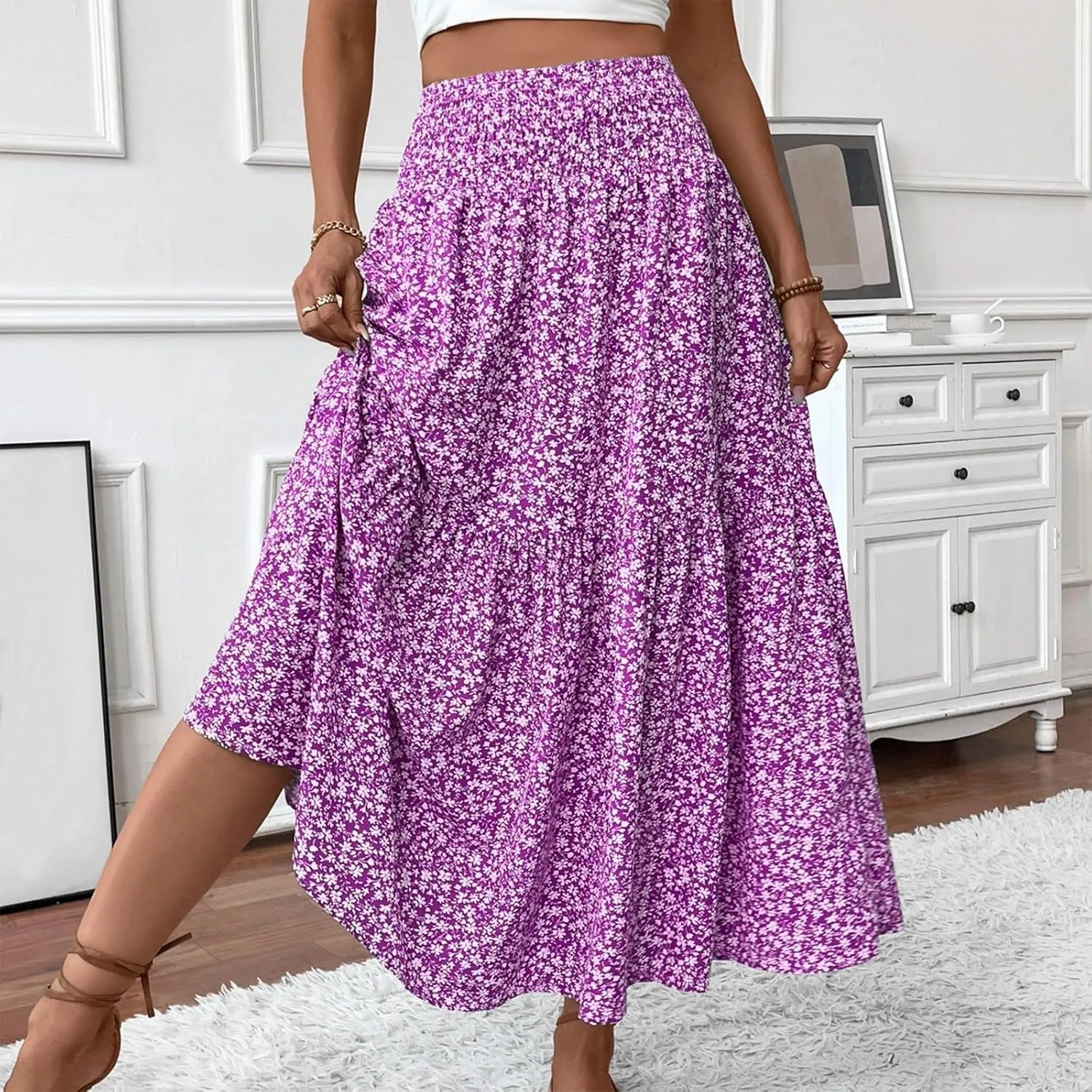 Boho Floral Summer Maxi Skirt Women Elastic High Waist Tiered Pleated Flowy Long Casual Beach Skirt