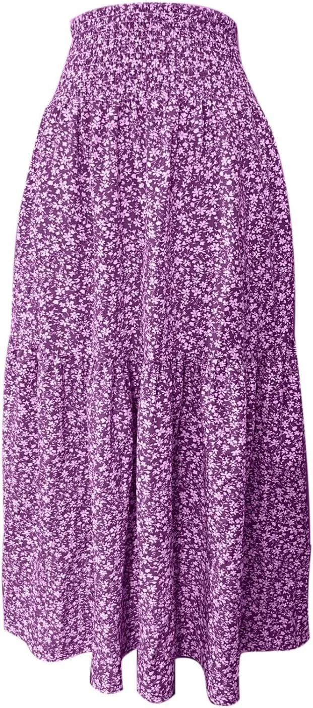 Boho Floral Summer Maxi Skirt Women Elastic High Waist Tiered Pleated Flowy Long Casual Beach Skirt