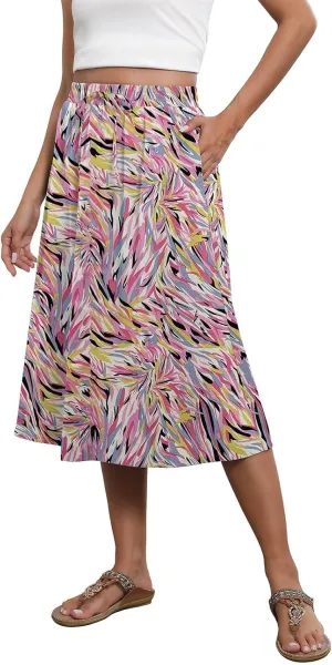 Boho Skirts for Women Trendy Summer Flowy Floral Midi Skirts with Pockets Lightweight Drawstring High Waisted Skirts