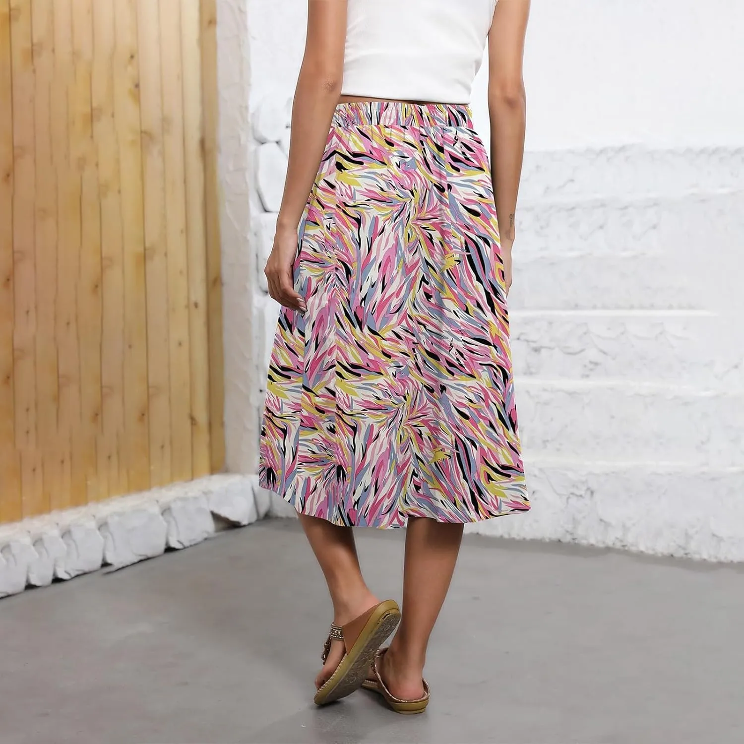 Boho Skirts for Women Trendy Summer Flowy Floral Midi Skirts with Pockets Lightweight Drawstring High Waisted Skirts