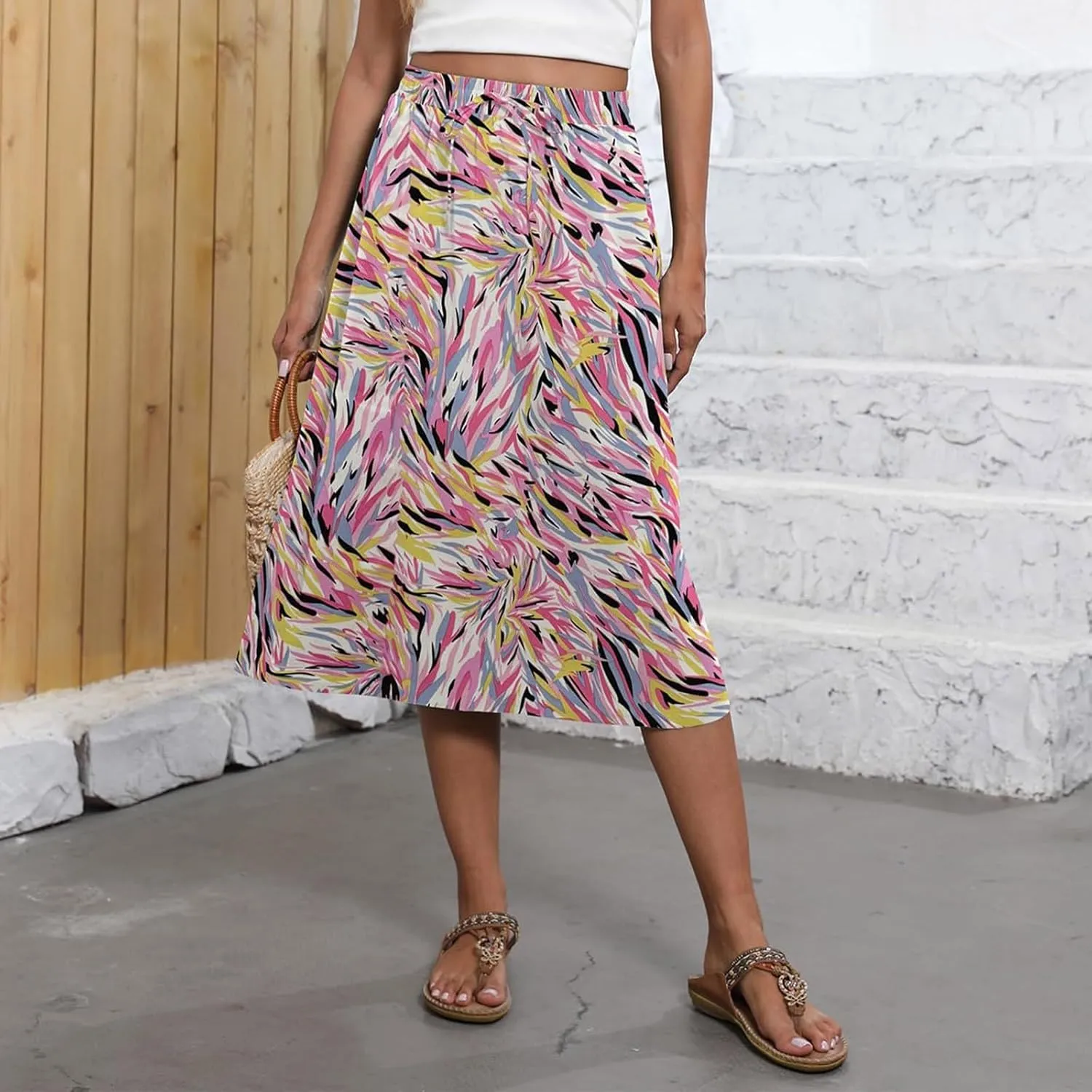 Boho Skirts for Women Trendy Summer Flowy Floral Midi Skirts with Pockets Lightweight Drawstring High Waisted Skirts
