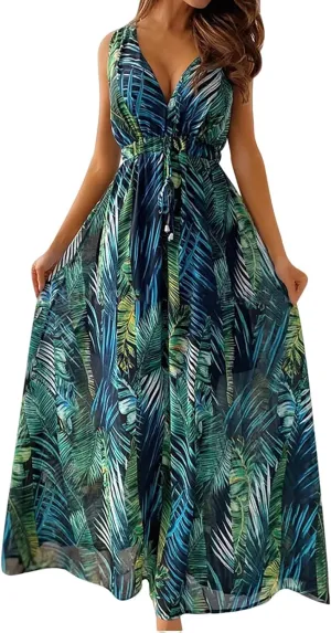Boho Summer Dresses for Women 2025 Casual Floral Maxi Dress Sleeveless Bohemian Long Sundress Flowy Beach Dresses