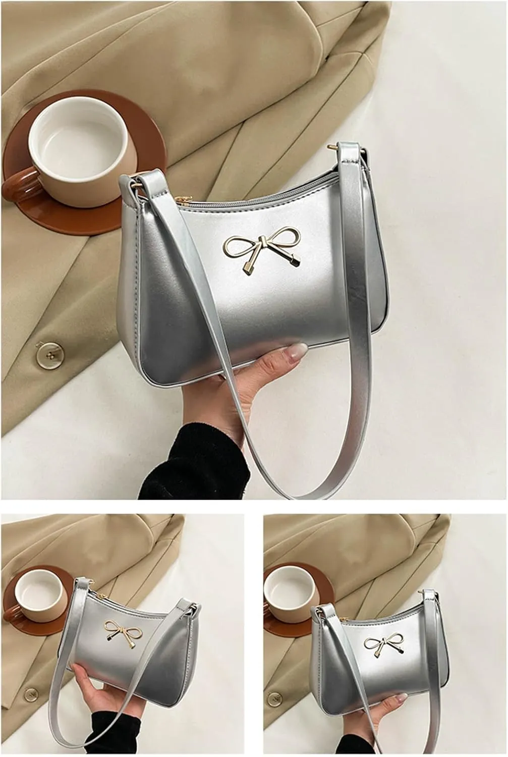 Bow Purse for Women Dressy Clutch Purse Cute Crecent Y2k Bow Sparkly Metallic Small Bling Tote Bag Prom Wedding Handbag