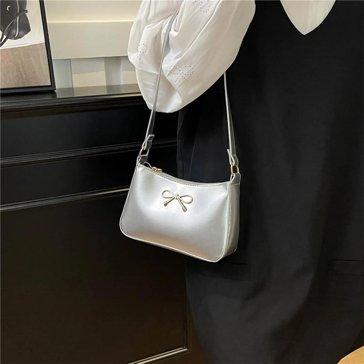Bow Purse for Women Dressy Clutch Purse Cute Crecent Y2k Bow Sparkly Metallic Small Bling Tote Bag Prom Wedding Handbag