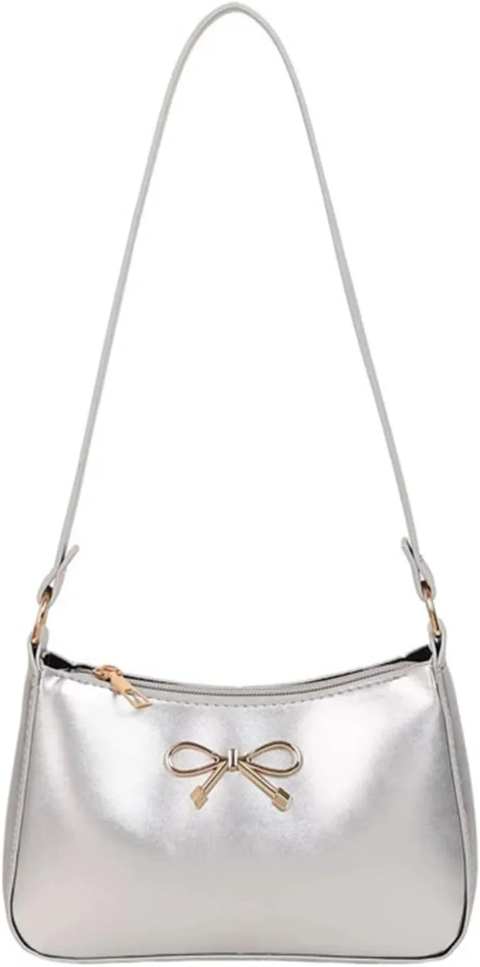 Bow Purse for Women Dressy Clutch Purse Cute Crecent Y2k Bow Sparkly Metallic Small Bling Tote Bag Prom Wedding Handbag