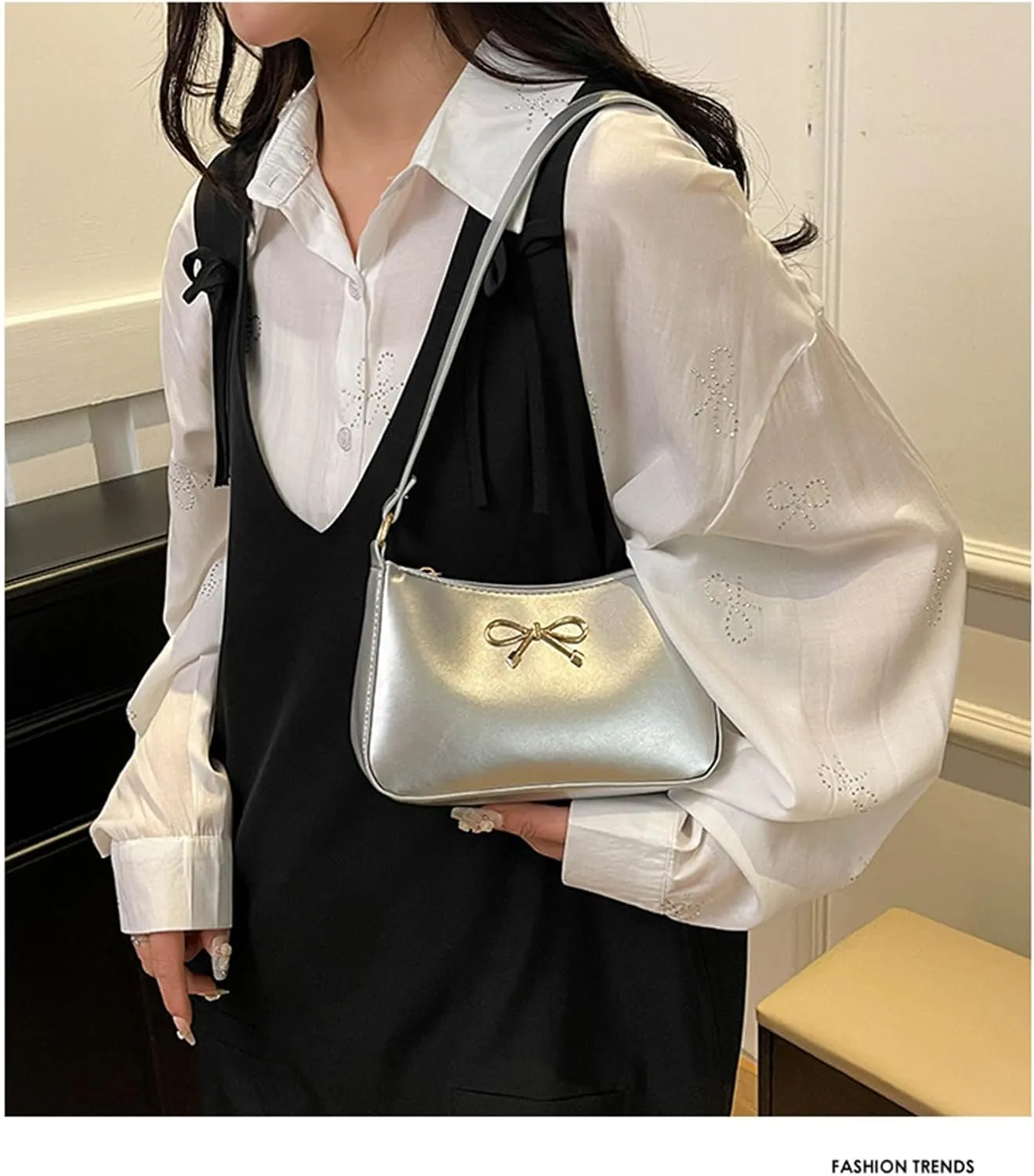 Bow Purse for Women Dressy Clutch Purse Cute Crecent Y2k Bow Sparkly Metallic Small Bling Tote Bag Prom Wedding Handbag
