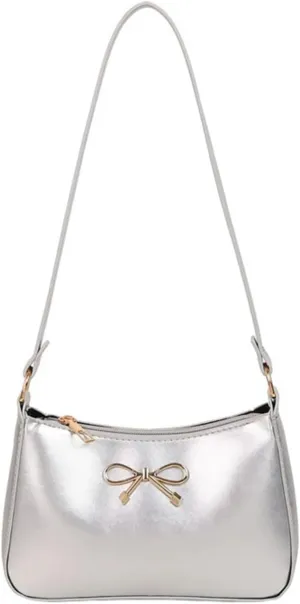 Bow Purse for Women Dressy Clutch Purse Cute Crecent Y2k Bow Sparkly Metallic Small Bling Tote Bag Prom Wedding Handbag