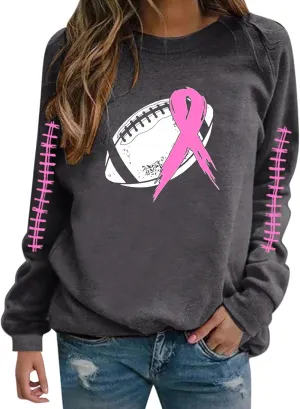 Breast Cancer Awareness Hoodies for Women Pink Ribbon Pullover Hoodie Football Sweatshirts Long Sleeve Oversized Tops