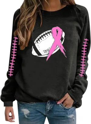 Breast Cancer Awareness Hoodies for Women Pink Ribbon Pullover Hoodie Football Sweatshirts Long Sleeve Oversized Tops